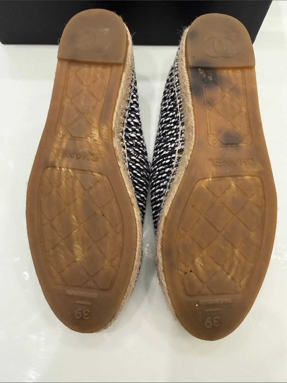 CHANEL Black & White Tweed Espadrille Slip-Ons